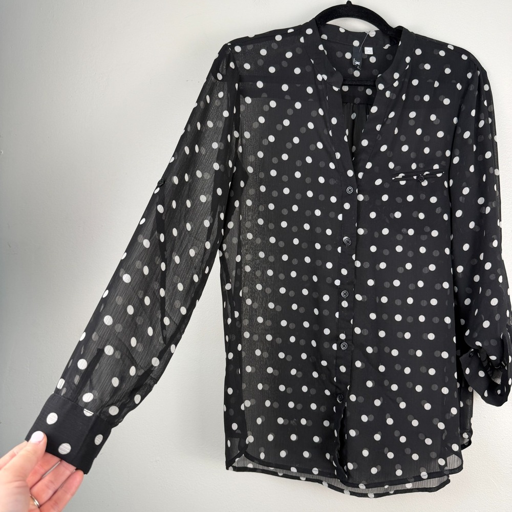 KUT from the Kloth Blouse Women's Medium Black Polka Dot Chiffon Button Front - Picture 11 of 15